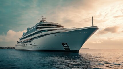 A luxurious yacht sailing on calm waters during sunset.