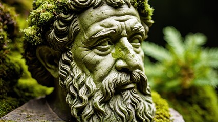 A moss-covered statue of an elderly man, weathered by time, blending harmoniously with the surrounding greenery. A captivating piece for garden or outdoor decor.