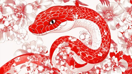 Obraz premium Traditional art drawing of a red and white snake with floral patterns, symbolizing the Chinese New Year of the snake.