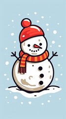 Fototapeta premium Cheerful snowman with a red hat and scarf in a snowy winter setting.
