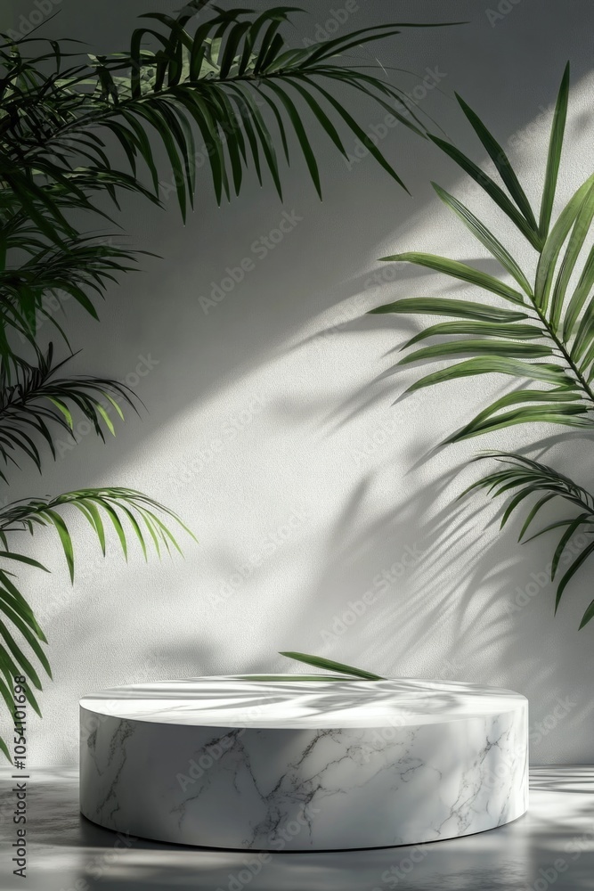Poster white marble pedestal with a palm tree in the background. the palm tree casts a shadow on the pedest