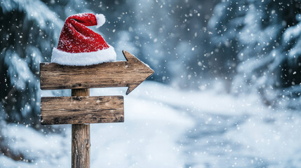 Obraz premium A santa hat hanging on a wooden direction sign in a winter landscape