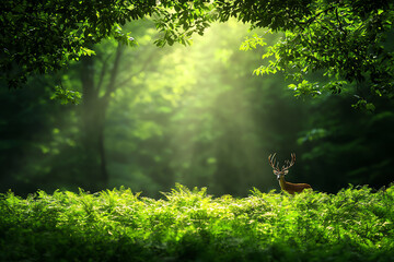Fototapeta premium Layered forest scene with interconnected animals and plants, representing sustainable interactions