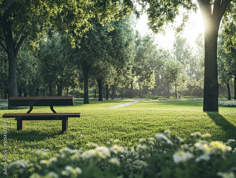 Poster park bench sits in a grassy field with trees in the background. the bench is empty and the grass is 