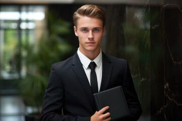 Fototapeta premium Man in a suit and tie is holding a black book. He is standing in front of a wall