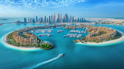 Luxury yacht leaving palm jumeirah island with dubai skyline in background