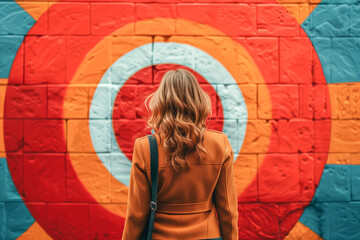 A woman walking on the street stops to look at a target image drawn in paint on a wall