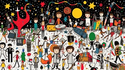 Vibrant cartoon illustration of diverse people in a festive, cosmic setting.