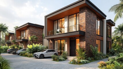 Modern residential buildings with lush landscaping and parked cars.