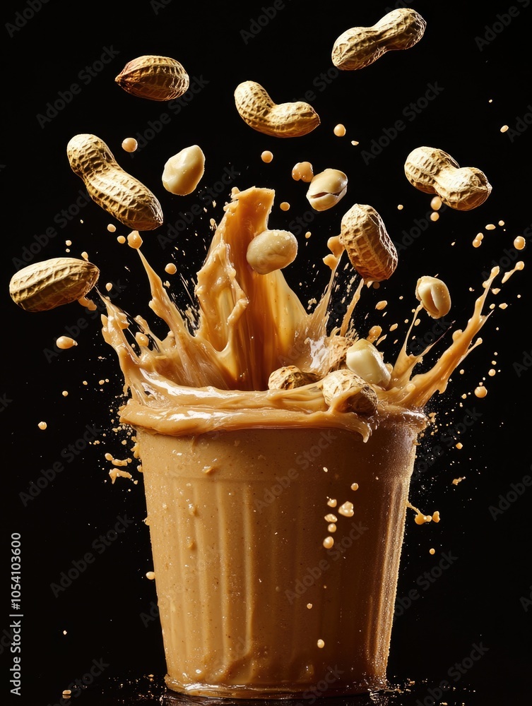 Poster cup of brown liquid with a lot of peanuts floating in it. the image has a playful and fun mood, as t