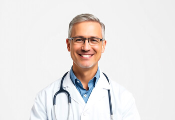 Fototapeta premium Smiling middle-aged male doctor in a professional setting
