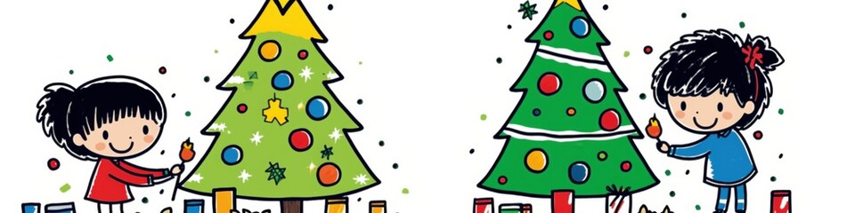 Fototapeta premium Children decorating Christmas trees with colorful ornaments and festive lights, bringing holiday cheer.