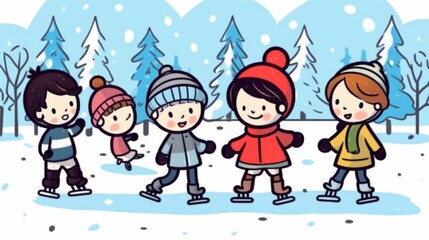 Fototapeta premium Illustration of diverse children ice skating in a snowy winter landscape.