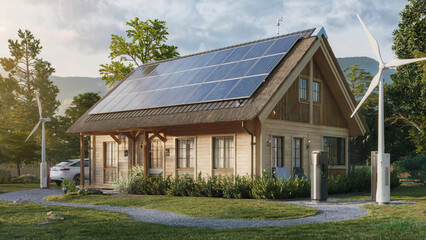 Obraz premium A residential setup with solar roofs, small wind turbines, and EV chargers, highlighting clean energy integration for modern homes.