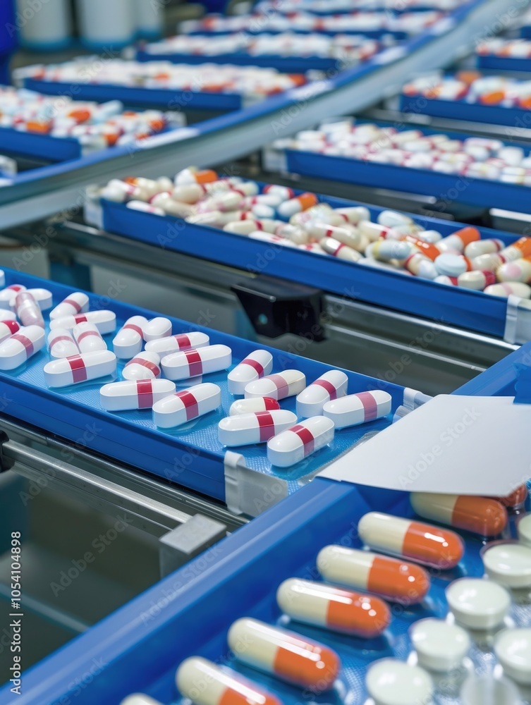 Poster conveyor belt with many different colored pills on it. the pills are in different shapes and sizes