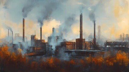 Obraz premium Panoramic view of smoking factory chimneys emitting thick white smoke against a clear sky, industrial landscape showing environmental impact and pollution. Factory smokestacks releasing dark, billowin