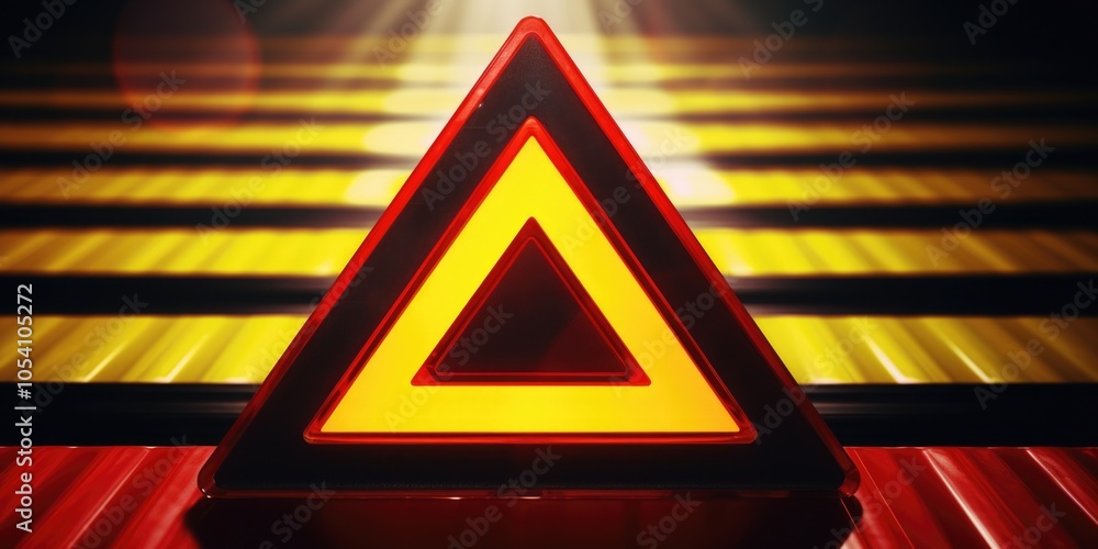 Poster red and yellow triangle with a black border. the triangle is lit up and he is a warning sign