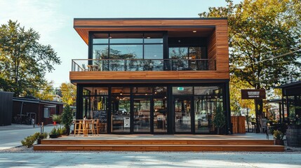 Modern Wood and glass small commercial building. Two-story with deck. Coffee Shop. Exterior. Wooden sign hanging outside above door