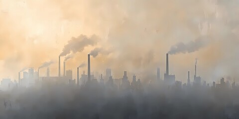 Obraz premium Panoramic view of smoking factory chimneys emitting thick white smoke against a clear sky, industrial landscape showing environmental impact and pollution. Factory smokestacks releasing dark, billowin