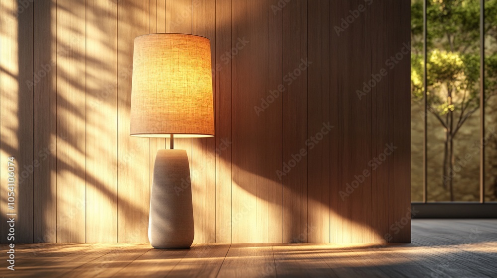 Poster a modern floor lamp with a linen shade casts a warm glow on a wood floor in a minimalist setting.