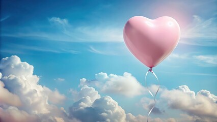 Fototapeta premium A heart-shaped balloon floats through a bright blue sky with fluffy white clouds, symbolizing hope, love, and a sense of joyful flight.
