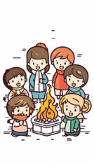 Cartoon children happily gathered around a warm campfire with cheerful expressions.