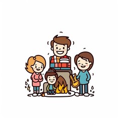 Obraz premium Happy cartoon family gathers around a campfire with guitar and marshmallows.