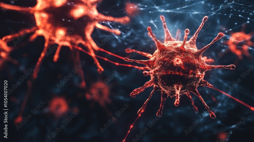Poster a microscopic view of a virus with spikes and a web-like background, representing the spread of dise