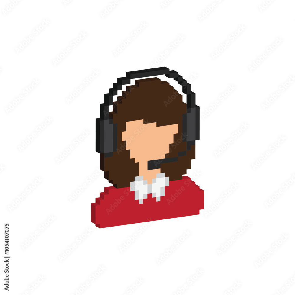 Poster isometric pixel operator in headset icon. vector pixel art online support 8 bit logo for game