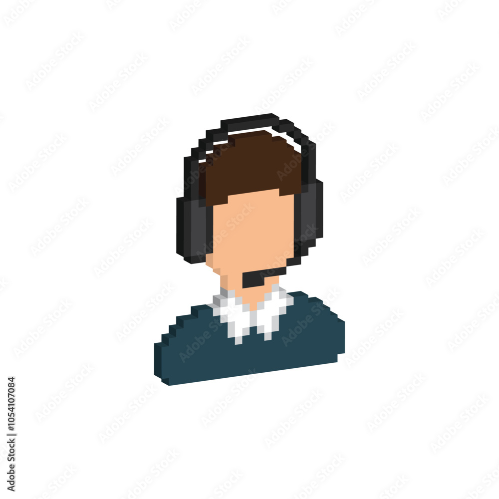 Poster isometric pixel operator in headset icon. vector pixel art online support 8 bit logo for game