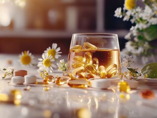 Glass of liquid with a bunch of pills in it. The pills are yellow and the liquid is brown