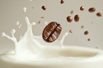 Fototapeta premium Coffee bean falls into milk, yoghurt, sour cream, Splash