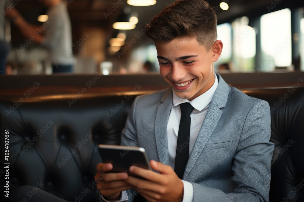 Aufkleber young man in a suit and tie is smiling while holding a tablet. he is enjoying himself while using th