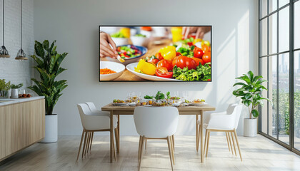 Modern dining room showing cooking show on television