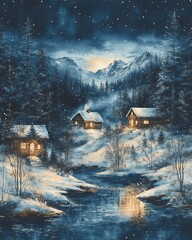 Obraz premium Serene winter cabins amidst majestic snowy mountains