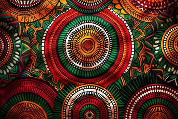 Obraz premium African print pattern with tribal circular designs in red, green, and yellow colors