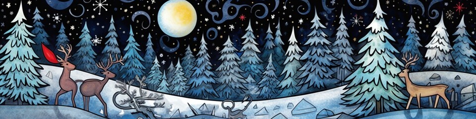 Obraz premium Enchanting winter forest scene with deer under a full moon and starry sky.