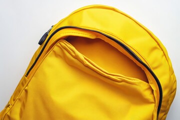 Create a yellow school backpack laying down. The camera angle is from top view, giving a flat lay look. the zipper is open showing the inside a bit. the background is solid white. make the style vib 