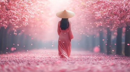 A serene scene of a woman in a pink dress walking through a cherry blossom pathway.