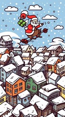 Naklejka premium Cartoon Santa Claus flying over snow-covered town with gifts in hand during a snowy night.