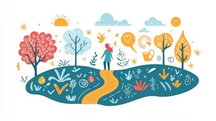 Naklejka premium A colorful and whimsical nature scene with a person exploring a vibrant landscape filled with trees, plants, and sunshine.