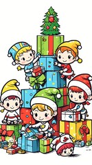 Fototapeta premium Cute cartoon children in festive outfits stacking holiday gifts into a Christmas tree shape.