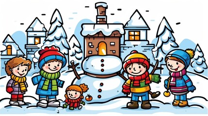 Fototapeta premium Children joyfully play in a snowy winter wonderland, bundled up in colorful scarves and hats.