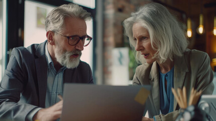 Fototapeta premium mature mentor man and woman discussing project on laptop