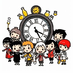 Colorful cartoon characters gather around a giant clock, emphasizing teamwork and unity.