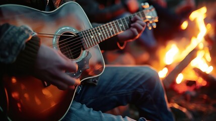 Obraz premium playing guitar alone accompanied by a campfire to warm the body while camping