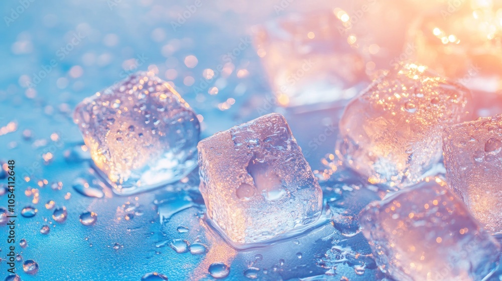 Poster close-up of ice cubes with water droplets, creating a refreshing and cool atmosphere.