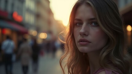 Obraz premium Cinematic Portrait of a Woman at a Street Corner Amidst Urban Activity