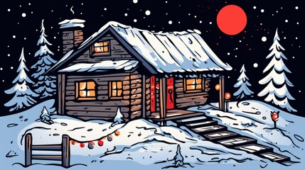 Fototapeta premium Cozy winter cabin in a snowy forest under a starry sky with a red moon.