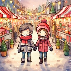 Children enjoying a festive winter market, wrapped in warm clothing amidst cheerful decorations.